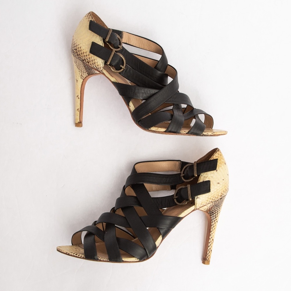Snakeskin & leather open toe stiletto heels cream & black 9 Aldo